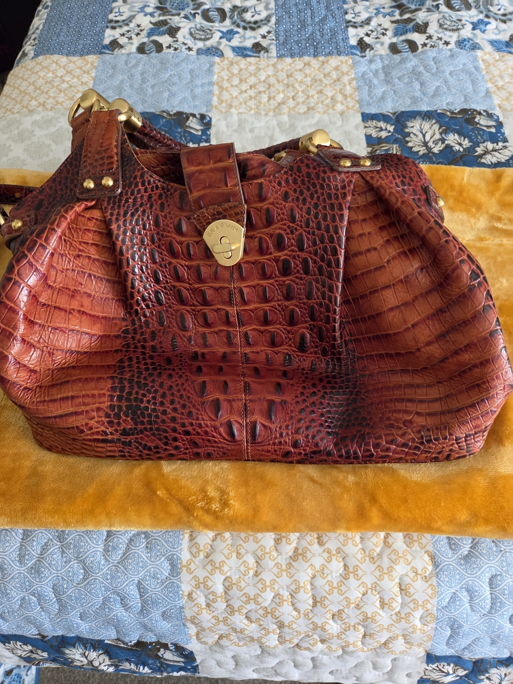 Brahmin Croc-Embossed Shoulder Bag in Cognac with Gold-Toned Hardware